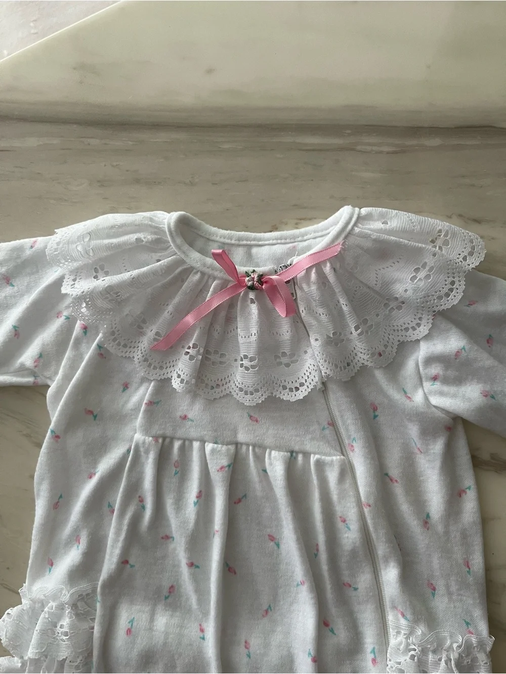 H&M White Footed One-Piece with Pink Dot Accents and Lace Collar